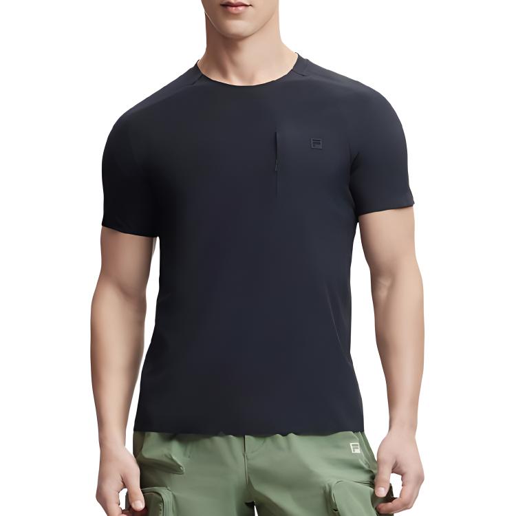 Fila Solid Color Small Logo Pullover Pocket Round Neck Short Sleeve T-Shirt Men Tops Black A11M427118F-BK