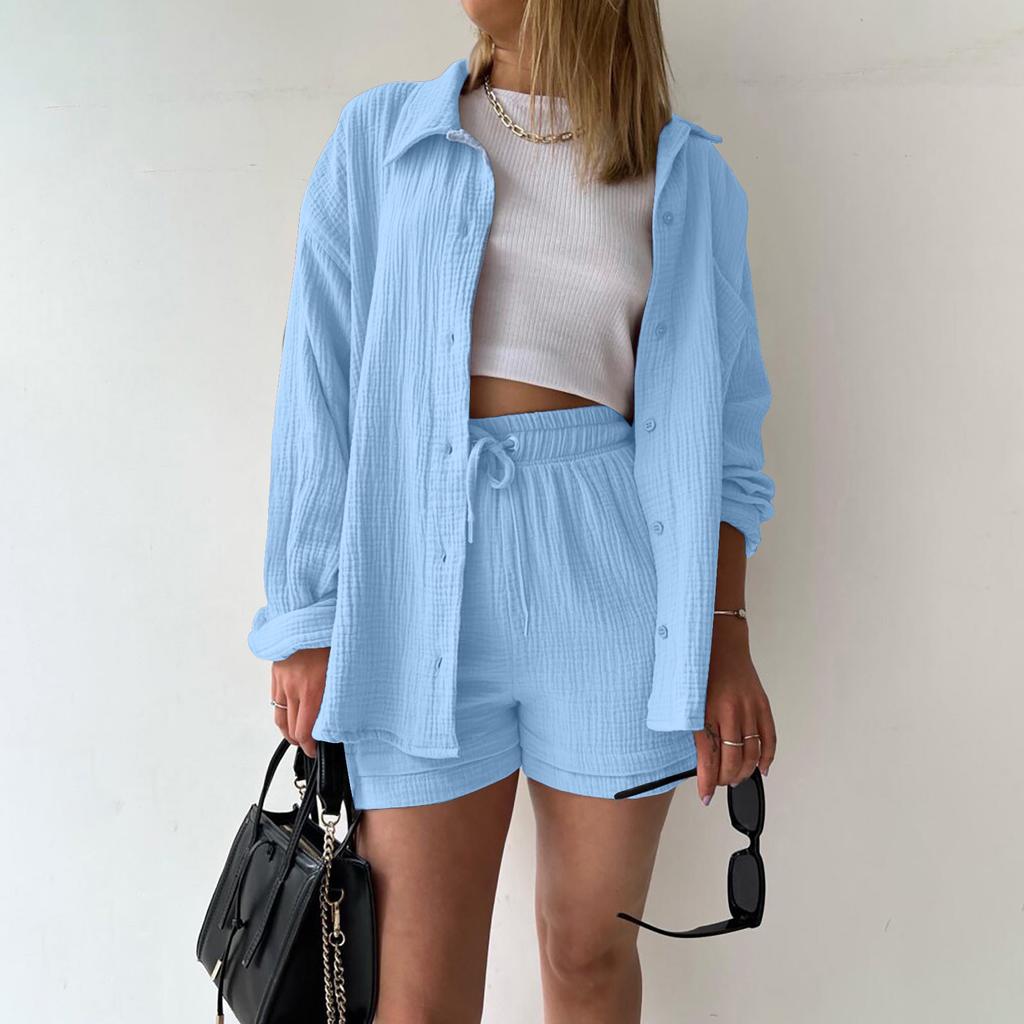 Women's 3-Piece Casual Lounge Set - Button-Down Shirt, Tank Top, and Drawstring Shorts - Soft and Breathable Fabric
