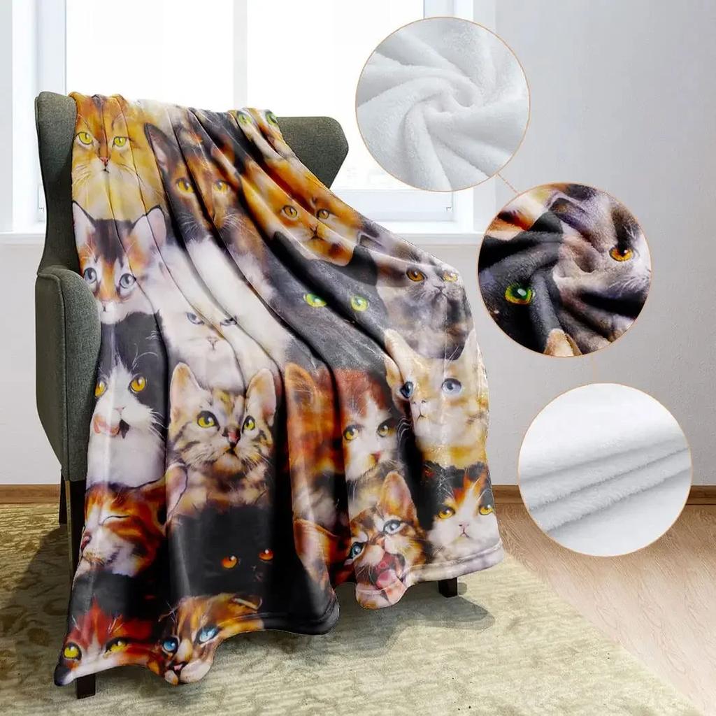Cute Animal Cats Blanket Fleece Plush Throw Blankets Warm Bedspread Shawl for Bed Sofa Kitten Print Blanket Flannel Soft Cozy