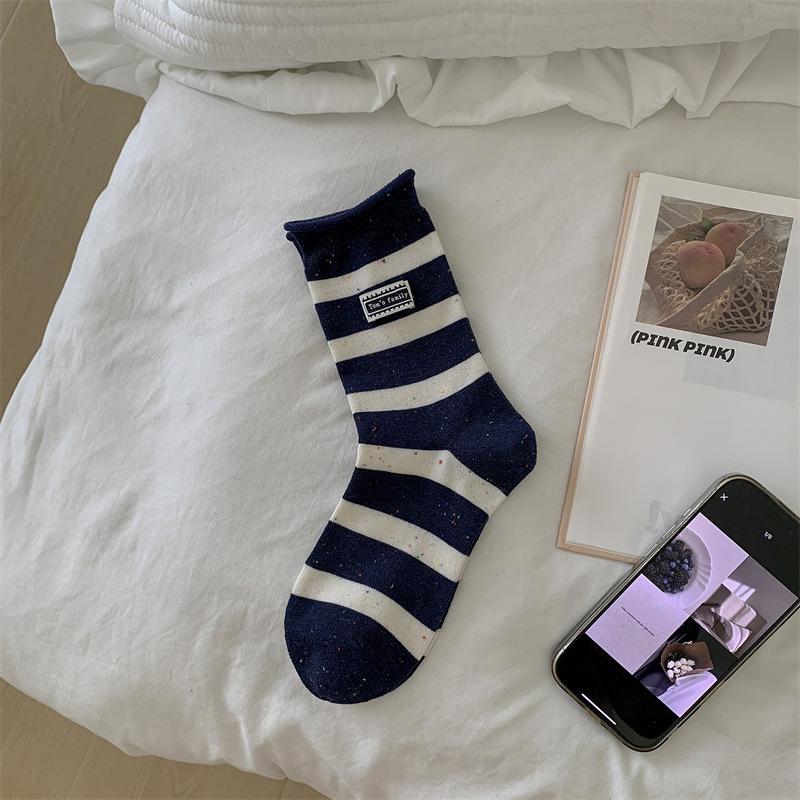 Navy Blue Series ~ Fabric Label Letter Socks, Women's Dot Yarn Contrasting Color Striped Pure Cotton Pile Socks, Mid-calf Socks