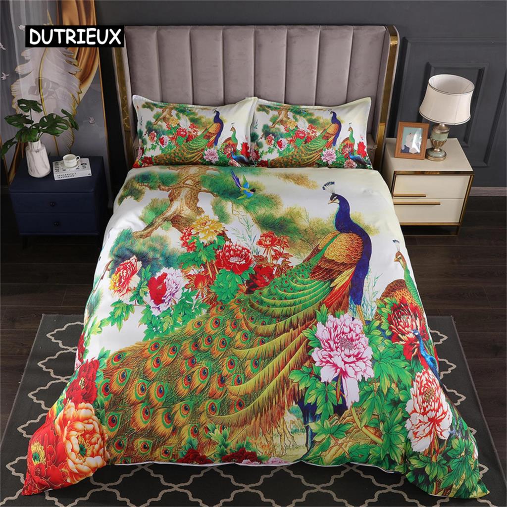 Luxury Pink Peacock Duvet Cover Floral Bedding Set Retro Peacock Feather Theme Comforter Cover for Bedroom