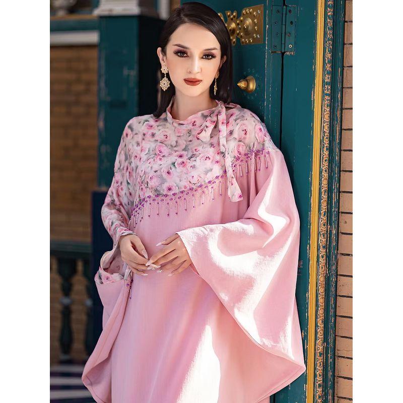 Middle East Dubai Fashion Floral-Print Beaded Robe Batwing Sleeve Dress Printed Bat Sleeve Dress
