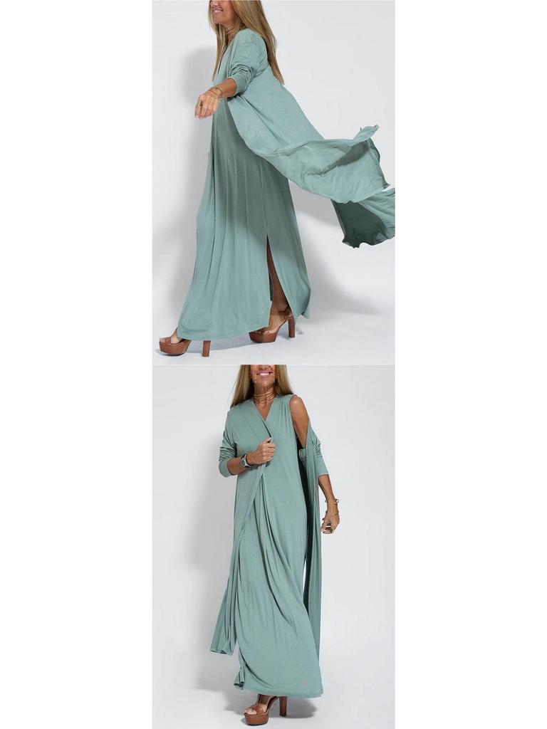 Europäisches und Amerikanisches Einfarbiges V-Ausschnitt Pulloverkleid und Strickjacken-Set für Damen