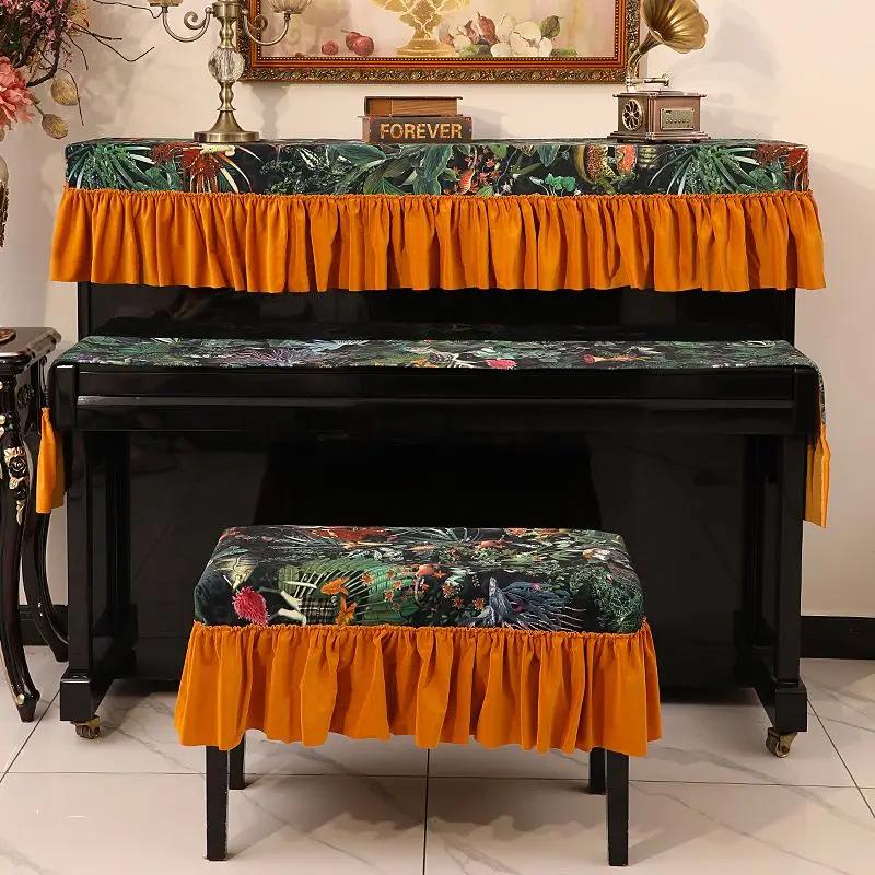Husă de protecție scurtă pentru pian cu model de flori americane, cu volană, catifea pentru pian, prosop rezistent la praf.