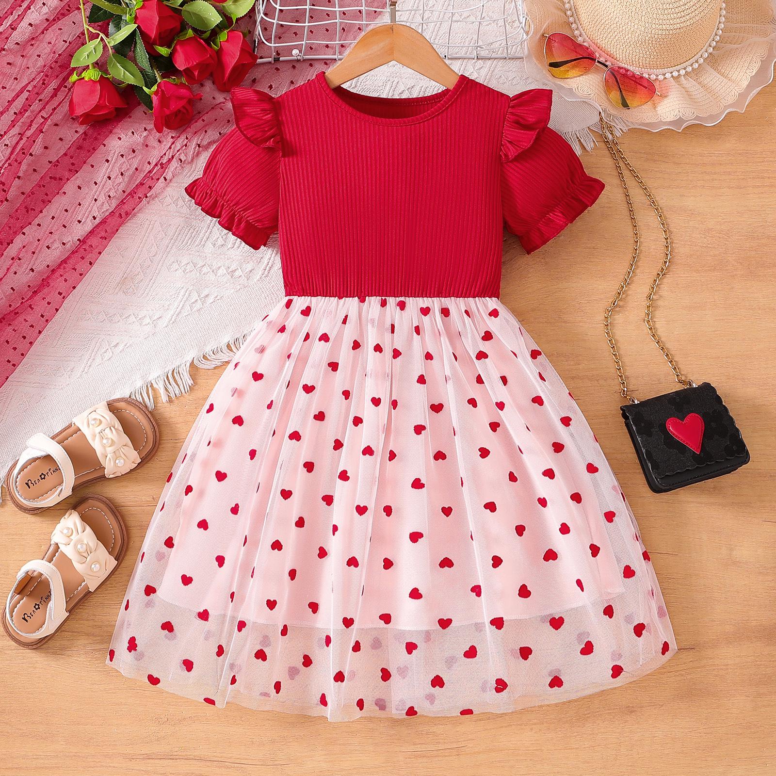 

Платье принцессы в корейском стиле для девочек - Лето 2025, Пышный тюль, Хлопковый короткий рукав 110cm [4-5 years] красный