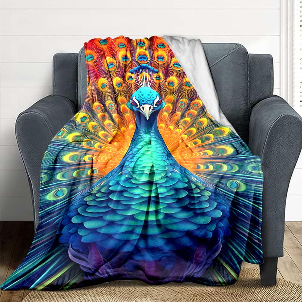1pc Peacock Feather Blanket Lightweight Flannel Blanket Throw Blanket For Sofa, Bed, Travel, Camping, Livingroom, Office, Couch, Chair, And Bed yy2510