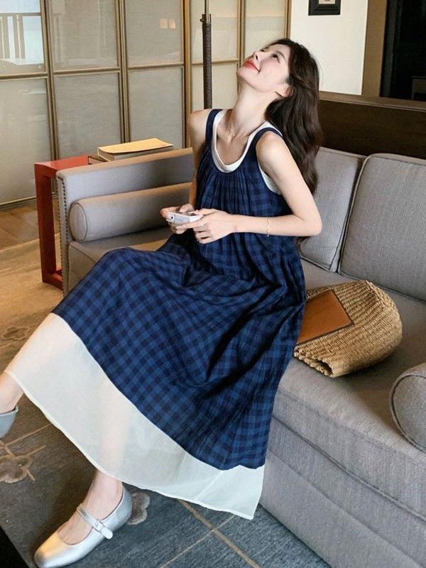 French Blue Plaid Sleeveless Summer Dress - Retro Forest Style Camisole