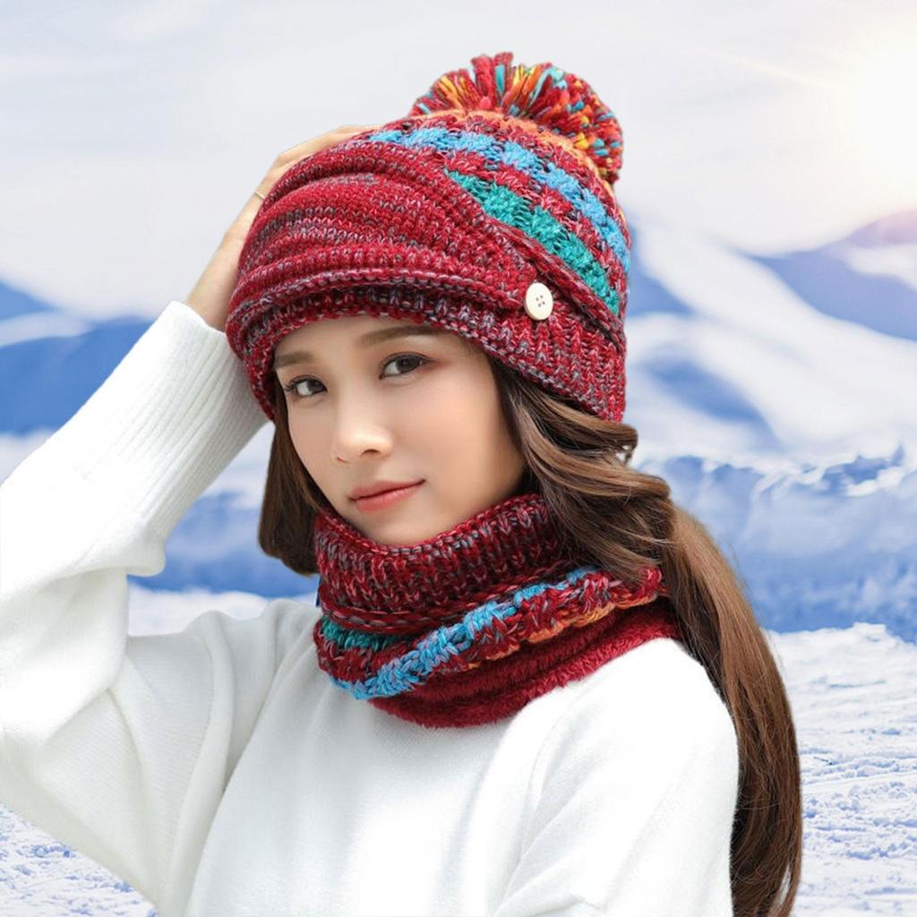 3 in 1 Winter Knitted Beanie Hat Face Cover Scarf Set Warm Fleece Lining  with Pompom for Women Girls