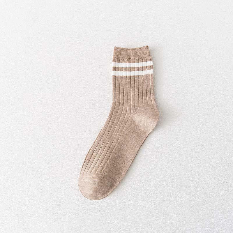 Men's Mid-calf Socks Spring and Autumn Two-bar Solid Color Cotton Socks Breathable Striped Men's Autumn and Winter Double-needle Long Calf Socks