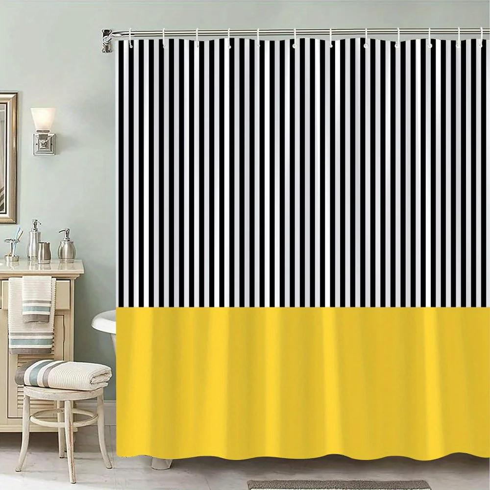 

One Piece Of A Shower Curtain Featuring Black And White Stripes With A Yellow Accent, Showcasing A Bold Minimalist Vertical Patt W90xH180cm