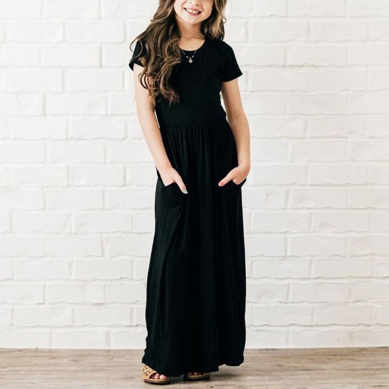 Laste tüdrukute lühikeste varrukatega ühevärviline vaba vabaaja pikk taskutega kleit