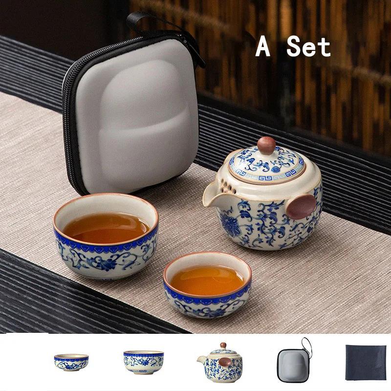 

Blue and White Ru Kiln Travel Tea Set Quick Cup Portable Tea Set Kung Fu Tea Set Storage Bag Camping Outdoor Office Drink Pot