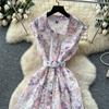 Elegant Lace Printing Formal Dresses Women Lapel Single-breasted Hollow Out Belt Slim Temperament Summer Dress