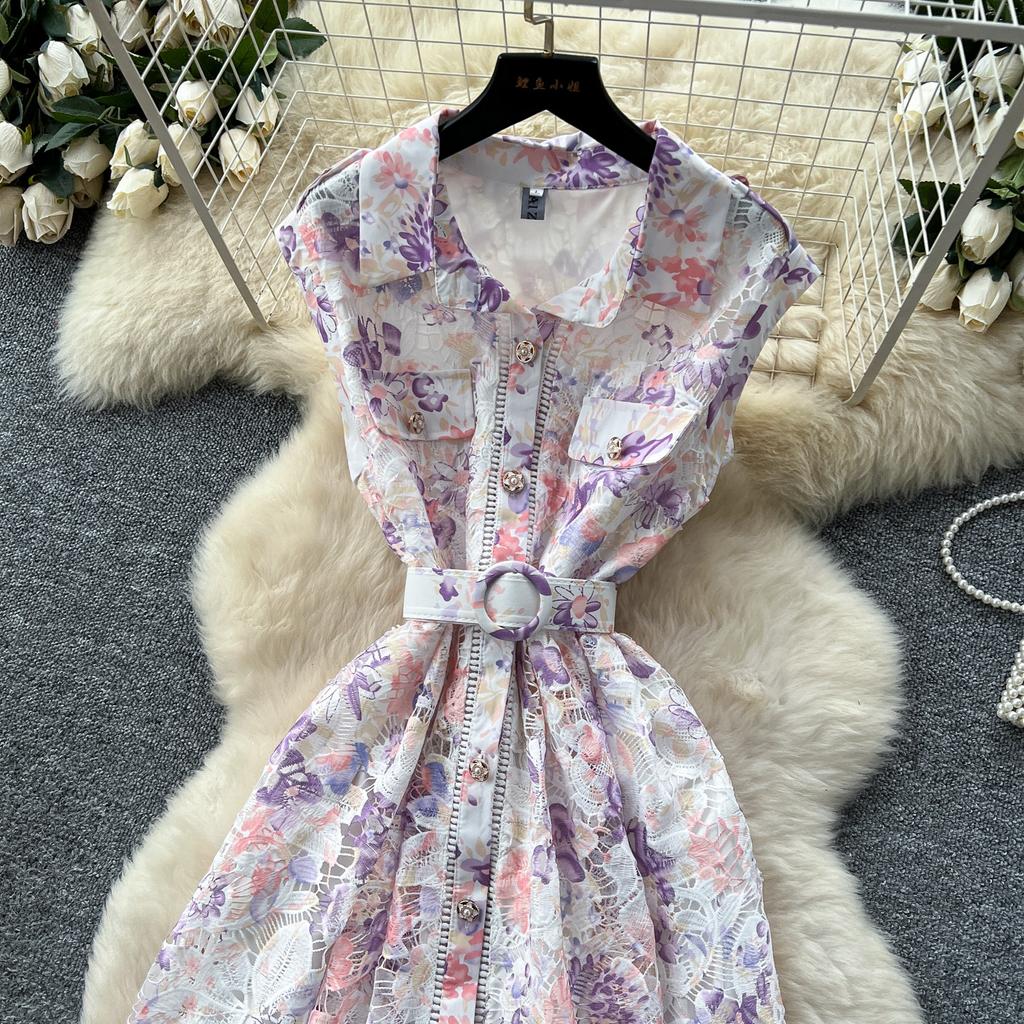 Elegant Lace Printing Formal Dresses Women Lapel Single-breasted Hollow Out Belt Slim Temperament Summer Dress