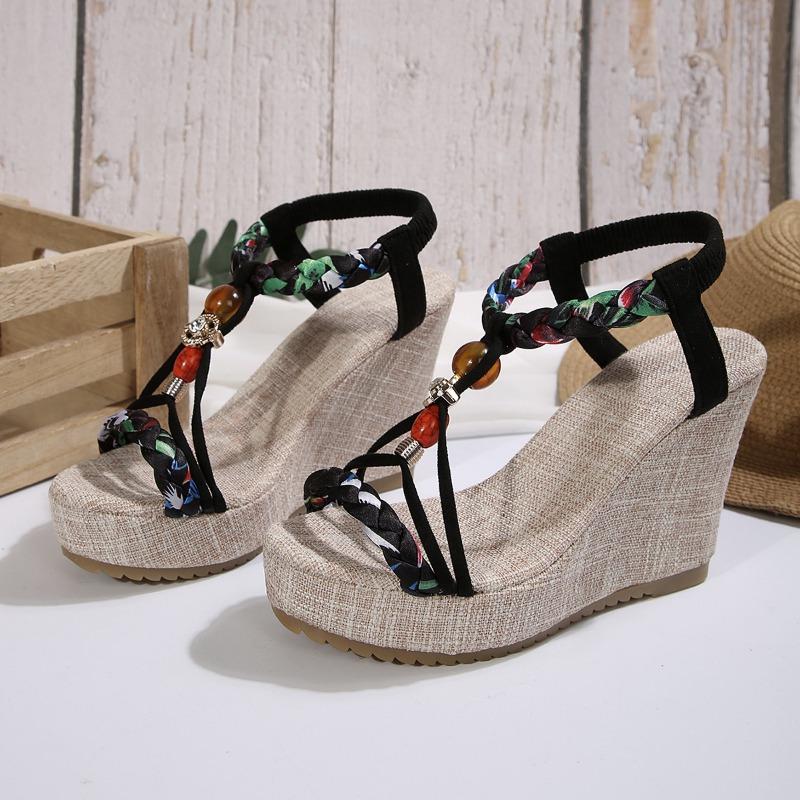 Damen Übergröße Farbblock Gewebte Keilsandalen Hohl Ausgeschnitten Offene Zehen Lässige Sommer Tägliche Schuhe