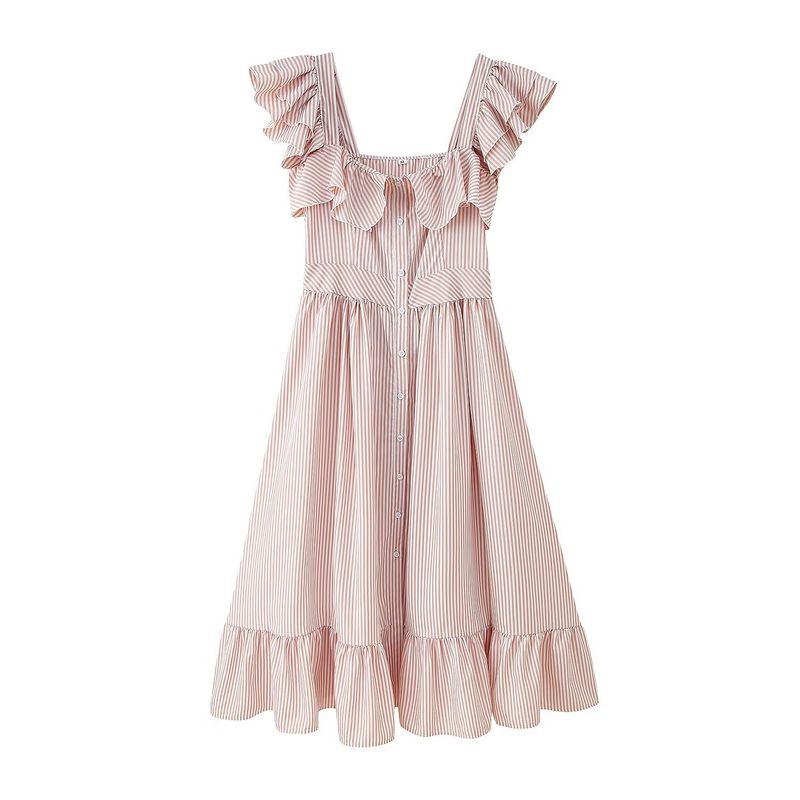 Summer New Arrival Women clothes Sweet Style Square Collar Single Breasted Slim fit Stripe Frill Waist Hugging Long Dress