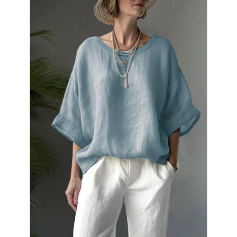 round-Neck Short-Sleeve Top Solid Comfortable Round Neck Drop Shoulder Sleeve Loose Plus Size Top Women