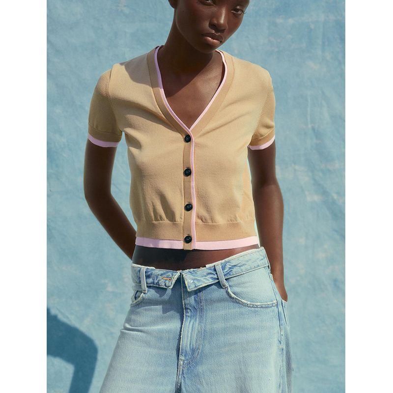 Summer New Product Women's Clothes Minimalist Style Single-Breasted Double-Layer Decorative Short Sleeve V-neck Knitted Jacket 3581012
