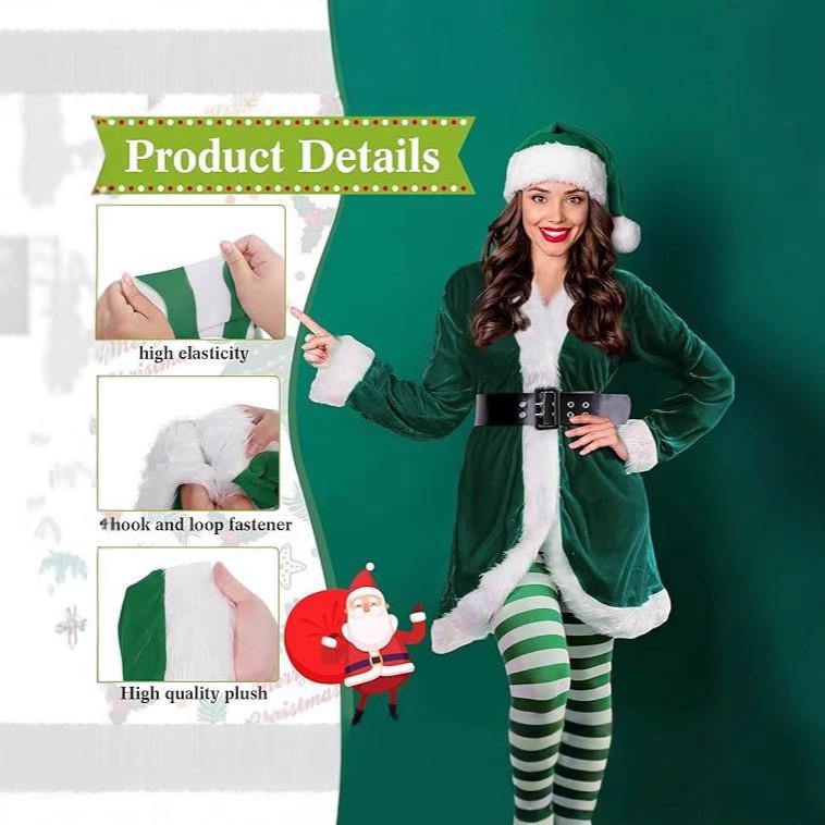 Adult Women Santa Claus Xmas Green Elf Dress Socks Hat Sets Christmas New Year Cosplay Costumes Performance Role Play Outfit