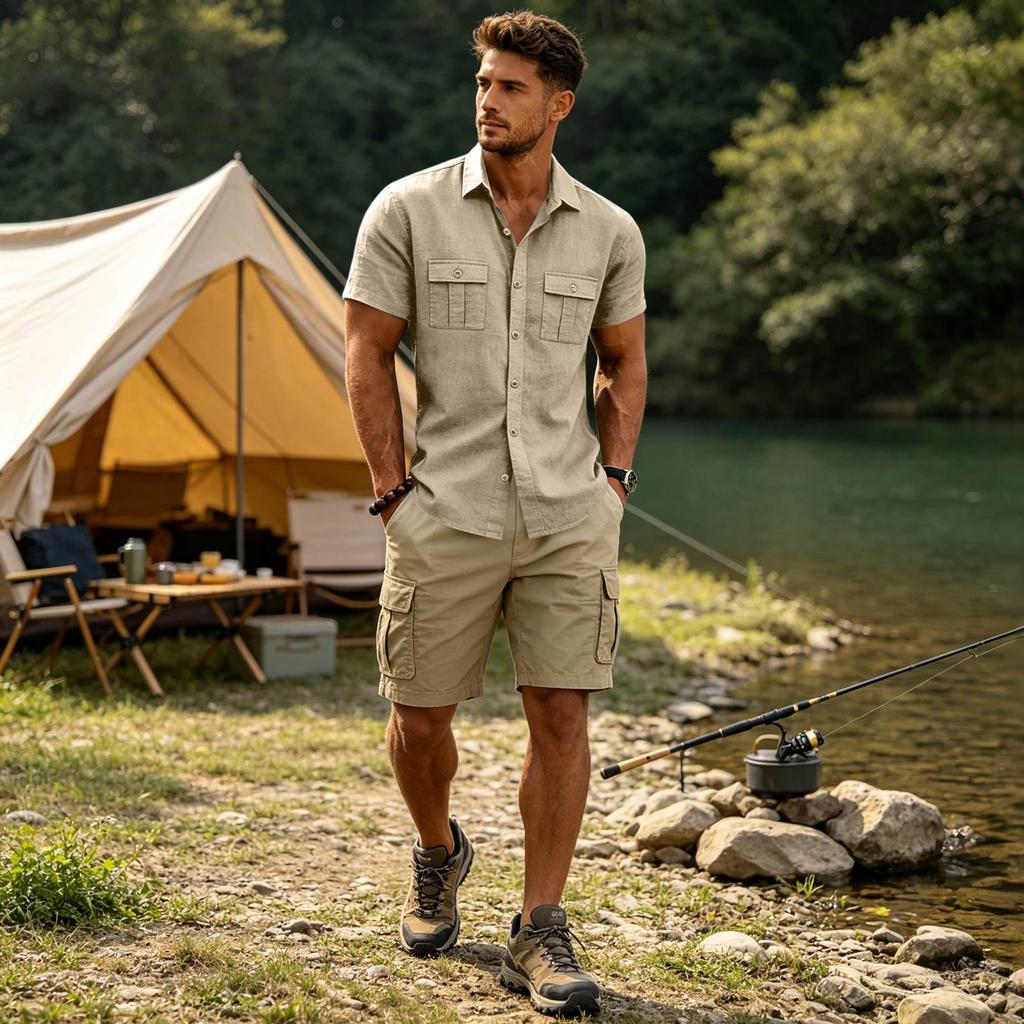 Men's Short Sleeve Work Shirt with Two Pockets Cotton Linen for Casual Everyday Wear