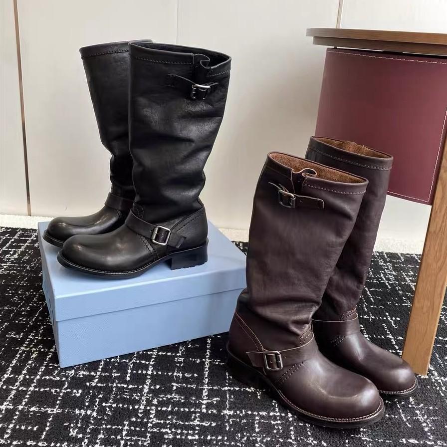 New leather French versatile retro round head flat-bottomed knight boots women's versatile comfortable casual boots