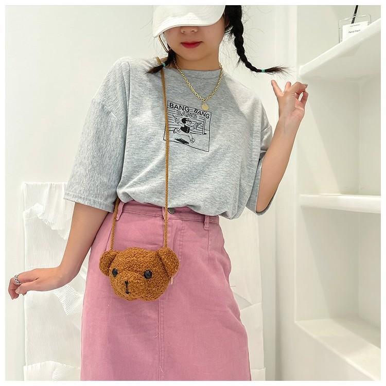 Cute Cartoon Bear Head Mini Crossbody Bag Plush Nylon Shoulder Bag For Students