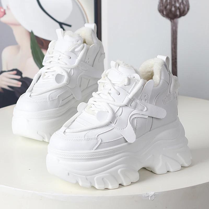 Fashion 12CM Genuine Leather Casual Chunky Sneakers Plush Wedge Platform Wedge Winter Fashion Autumn Spring Women Shoes Vulcanize
