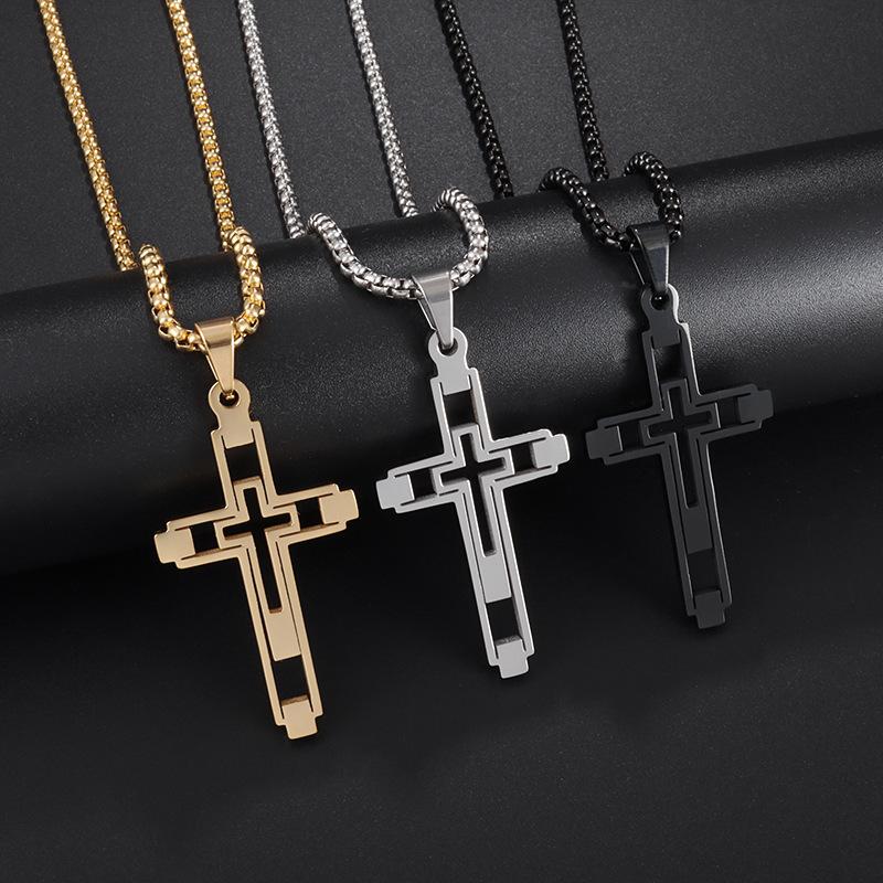 European and American Hollow Cross Pendant Men's Geometric Hip Hop Titanium Steel Necklace Jewelry
