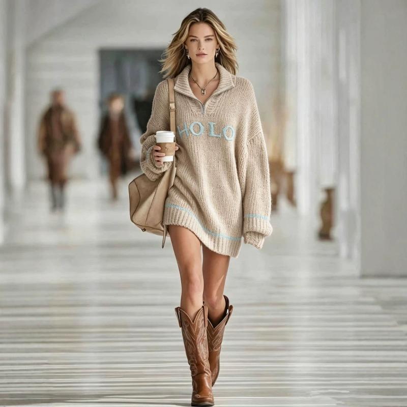 Autumn and winter popular new women's loose letter jacquard sweater zipper lapel mini knitted women's dress
