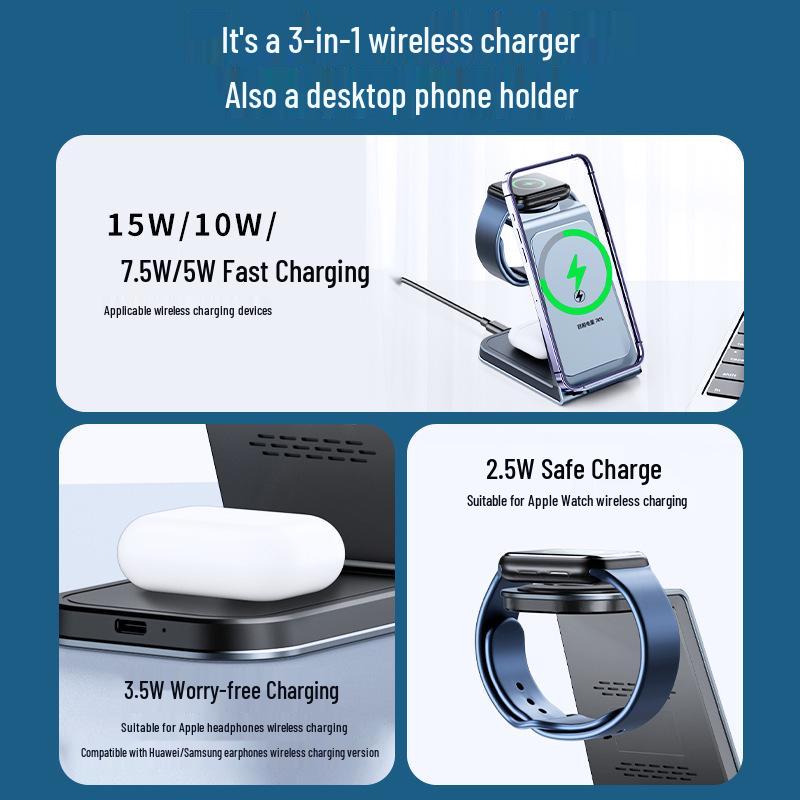 Universal 3-in-1 Wireless Fast Charger for Phone, Watch, and Earbuds with Alloy Stand