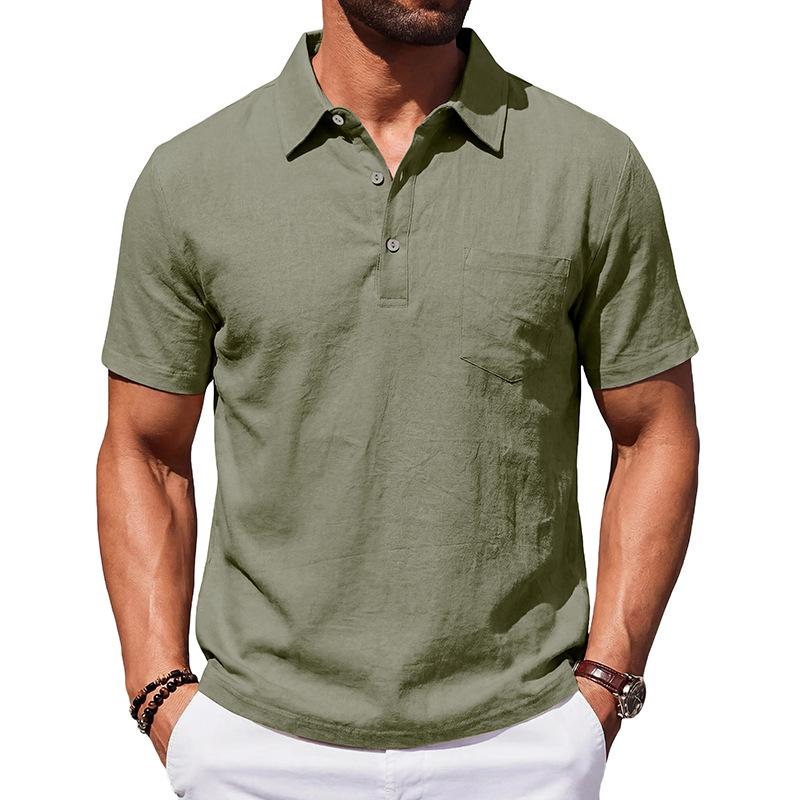 Men Loose Casual Short Sleeve Linen Blend Polo Shirt For Daily Beach Wear