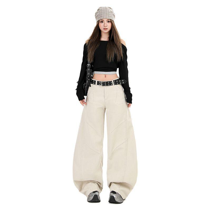 Elegant Vintage Apricot High Street Cargo Comfy Loose Saber Cut Floor Sweeping Denim Pants For Women Early Spring Casual Pants Oversize Denim Trousers