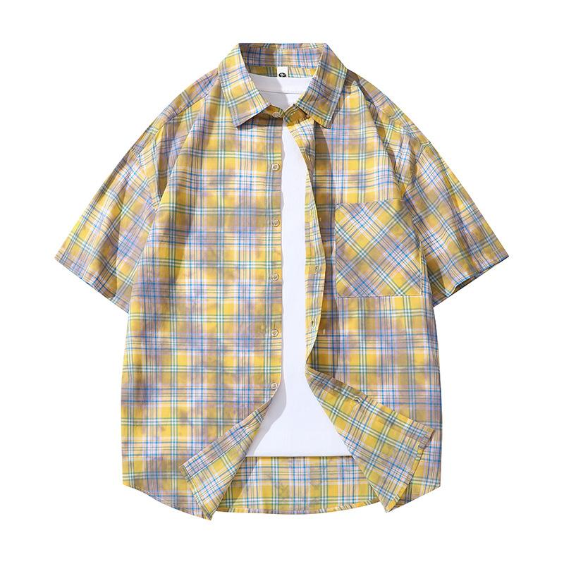 Summer Pure Cotton Couple Plaid Shirt Casual Short Sleeved Versatile Loose Half Sleeved Shirt