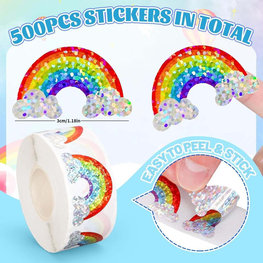 500 Pcs Rainbow Stickers Roll Laser Colored Rainbow Shape Seal Stickers Waterproof Self-Adhesive Decals For Envelope