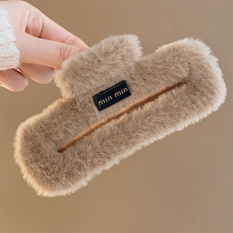 Autumn Winter Elegant Large Plush Claw Clip for Women - Maillard Square Design for Thick Hair