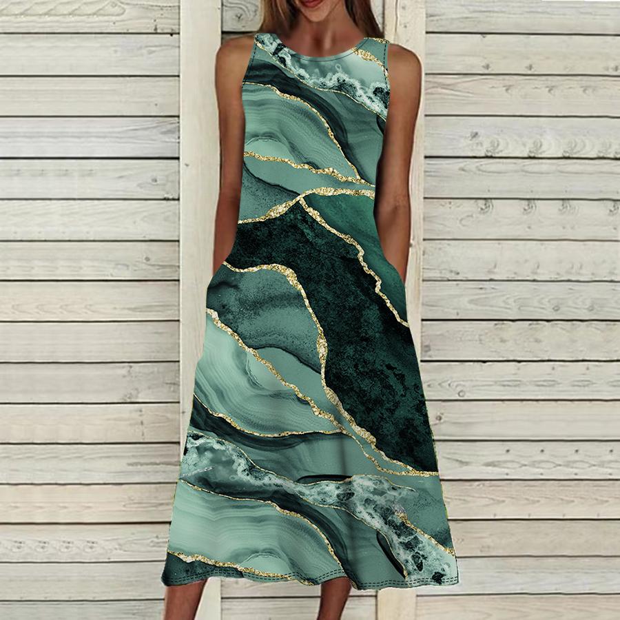 Abito senza maniche sexy alla moda estiva, morbido e casual, con stampa marmorizzata 3D, abito senza maniche con bretelle estive
