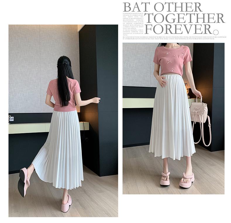 Maternity High Waist Pleated Chiffon Mid-Length Skirt - No Tummy Support, Summer Fashion.