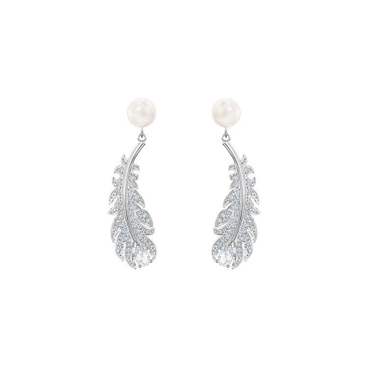 Swarovski Nice Pierced Rhodium Plated Earrings Pearl Feather Women earrings 5496052 Box (Random Color)