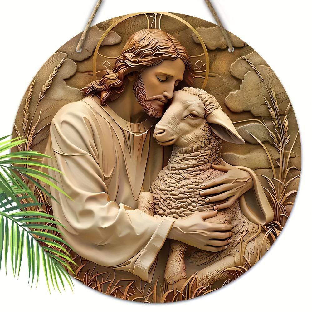 

5 шт. 7,87-дюймовый круглый деревянный знак в виде венка с изображением Иисуса и овец, классический настенный декор, праздничный рождественский подарок, многоцелевой декор для дома и комнаты, без электричества 5pcs