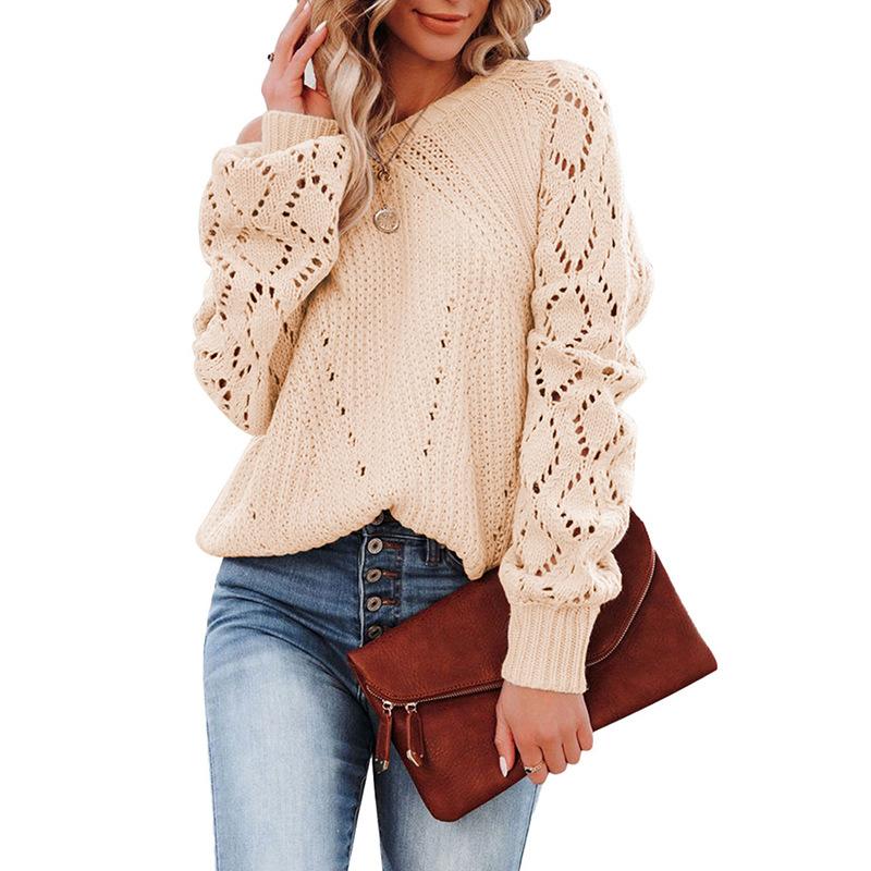 Europe, America Autumn and Winter New Ebay Hollow Pattern Knitted Sweater Round Neck Solid Color Loose Fashion Pullover