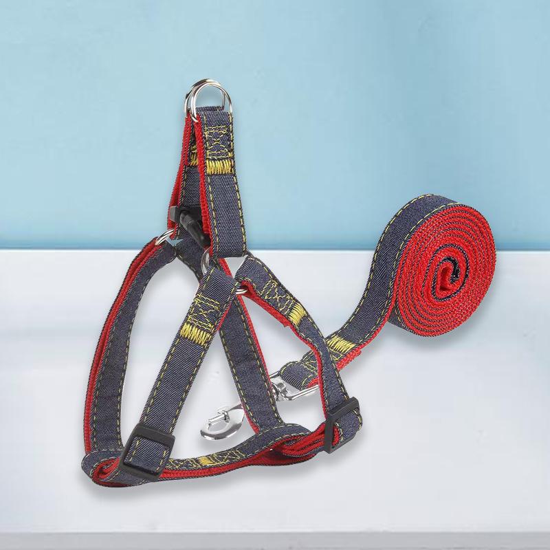 Denim Dog Leash and Harness Set with Teddy Chain for Small To Medium Dogs