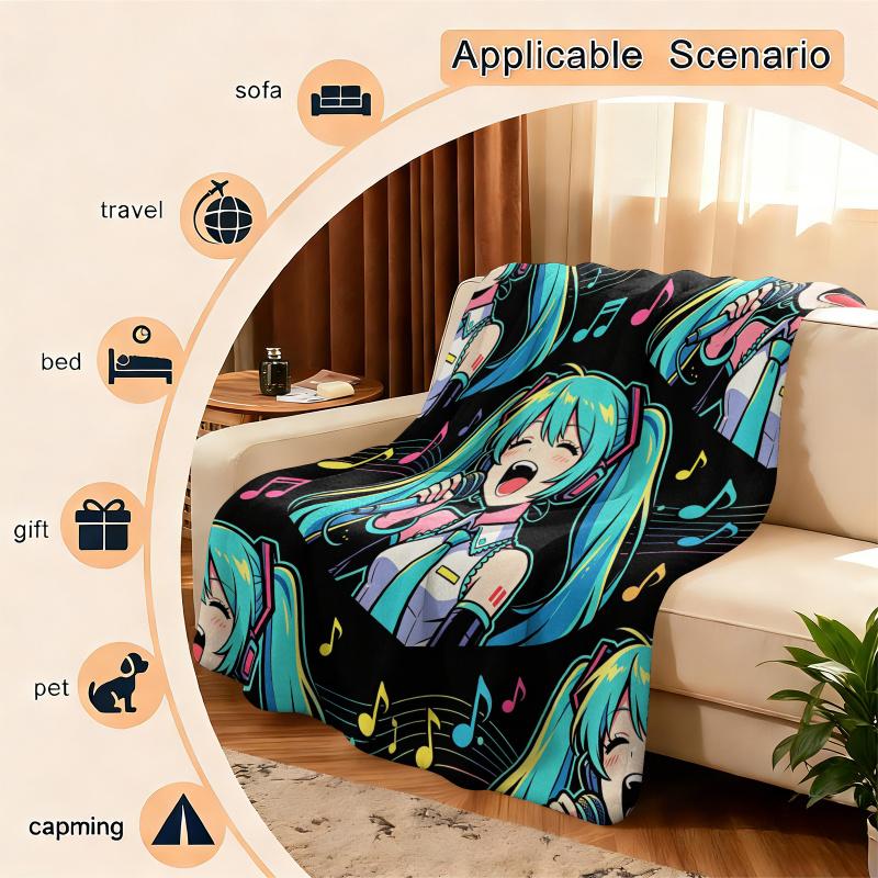 Hatsune Miku Rock Star Flannel Throw Blanket Gift for Anime Fan Summer Soft Nap Throw Sofa Blanket Bed Cover Travel Blanket