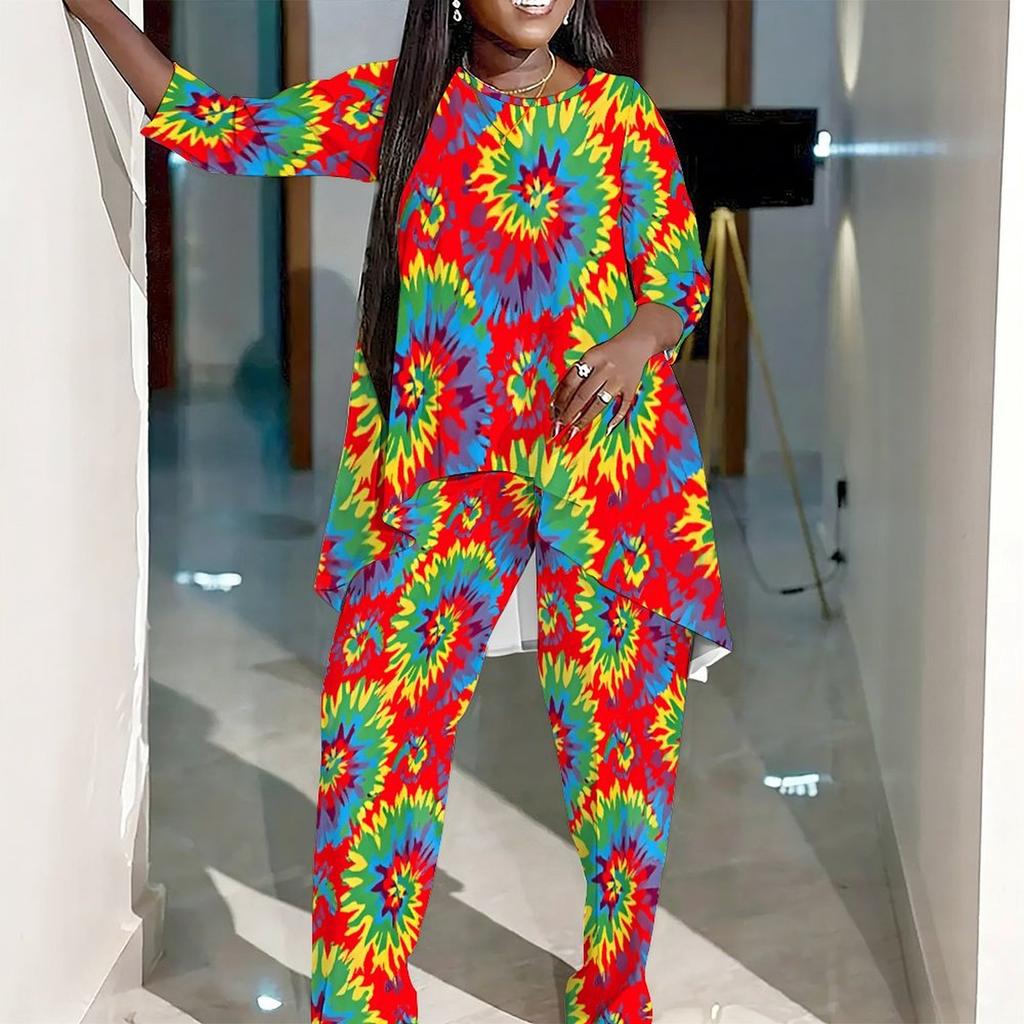 Womens Plus Size Crew Neck Three Quarter Sleeve Irregular Hem Top And Matching Printed Wide Leg Pants Two Piece Set