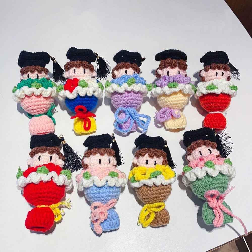 Funny Crochet Bouquet 13cm Doctor Hat Bouquet Doll Handmade Knitted Figures  Graduation Gift