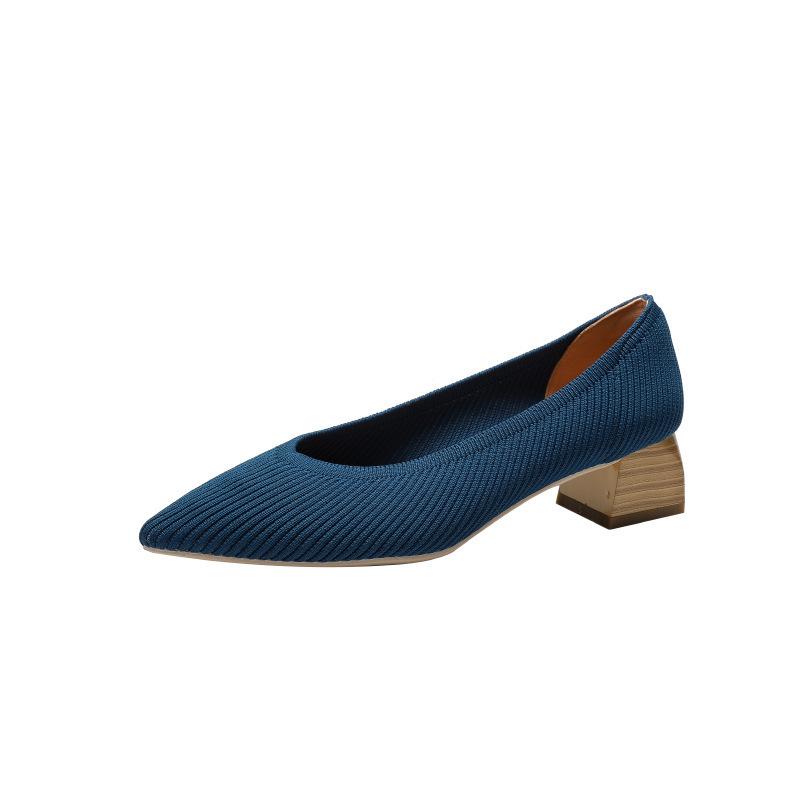 Flying Weaving Spring and Autumn New Wood Grain Thick Heel Pointed Single Shoes Breathable Casual Versatile Single Shoes
