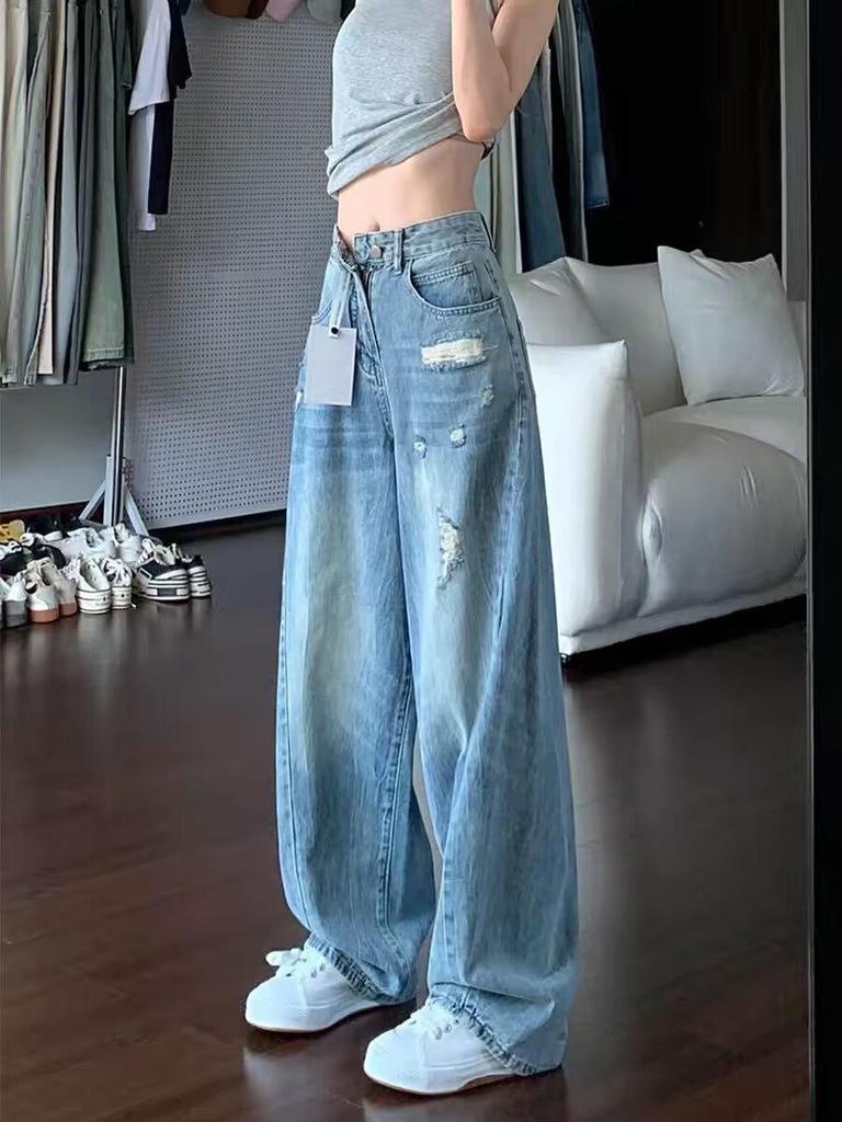 Women's American-Style Ripped Straight-Leg Jeans, Korean-Inspired Distressed Curved Wide-Leg Pants