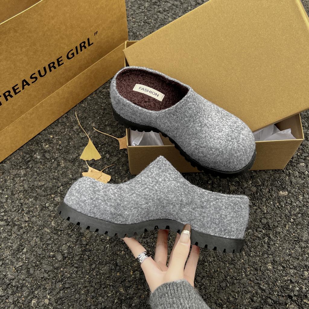 Vintage Thick Sole Women Fleece-lined Mules Slippers Concise Height Increase Dress Shoes Ladies Comfort Cover Toe Slip On Slides