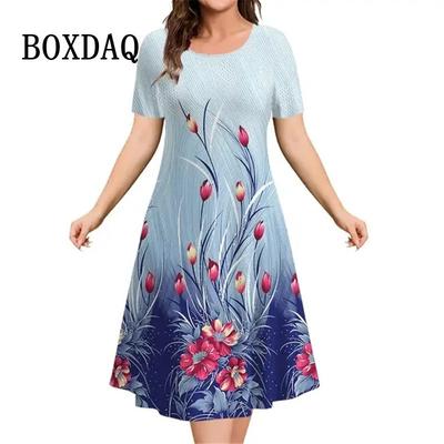 Flower Print Women Dress For Vintage New Short Sleeve O-Neck Mini Dress Summer Pullover Loose Casual Retro Loose Dress