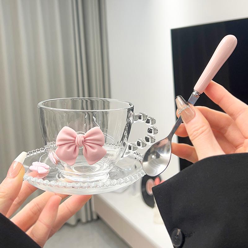 Round Beads Point Glass and Saucer Transparent Bow Glass Coffee Mug Round Saucer Set Breakfast Milk Glass Kitchen Utensils