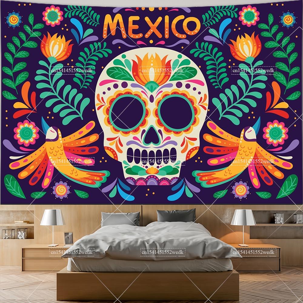 Mexiko Blumenteppich Mexikanische Pflanze Blumen Stickerei Ethnisch Otomi Vögel Wandteppiche Ästhetische Raumdeko Illustrationen Hintergrund